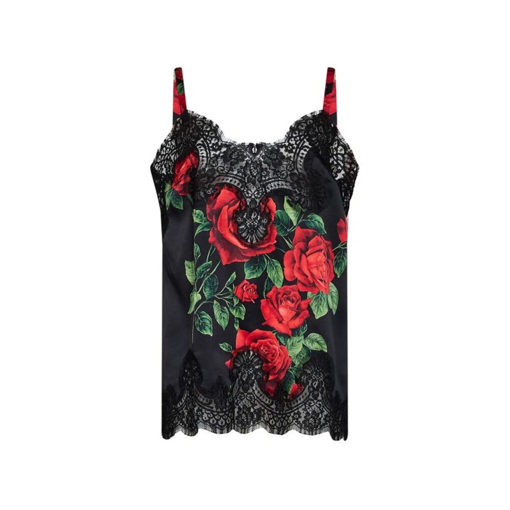 Dolce & Gabbana Women Black Rose-Print Silk Satin Top With Lace